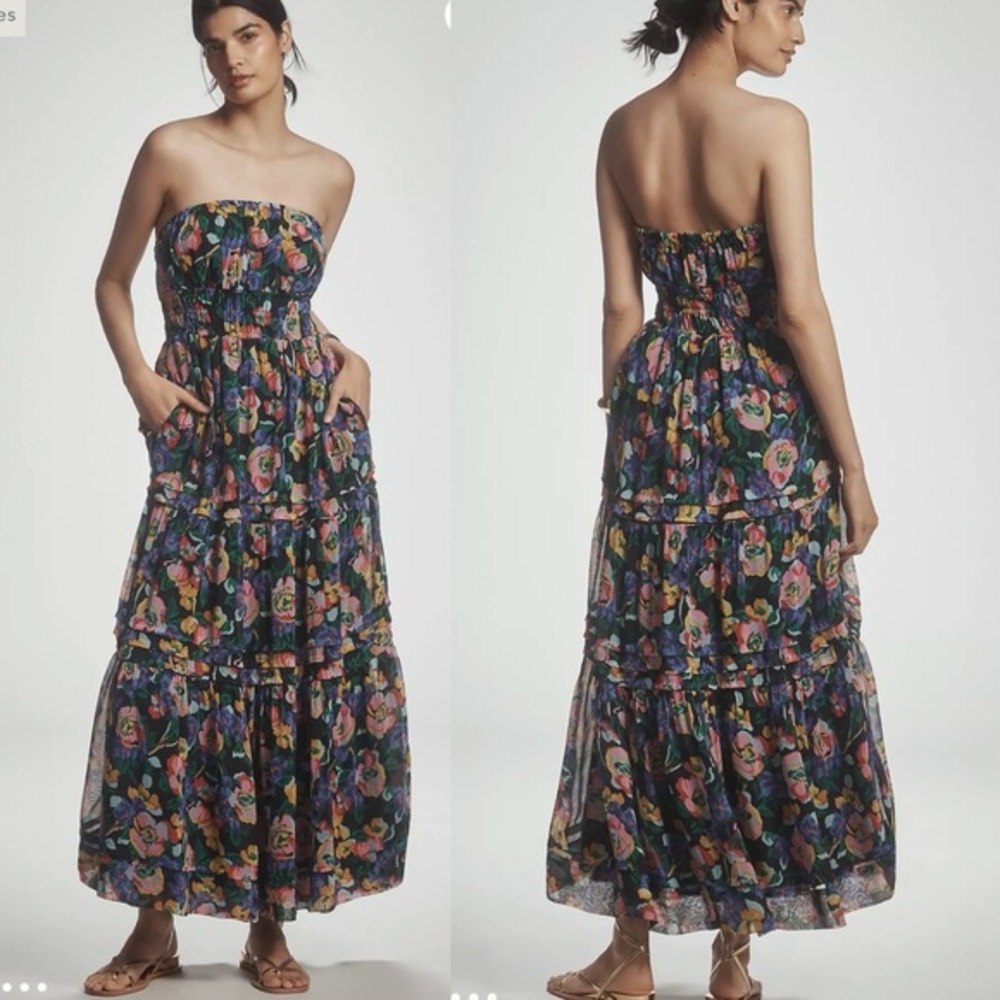 Anthropologie Navy Blue Smocked Floral Dress with Pockets